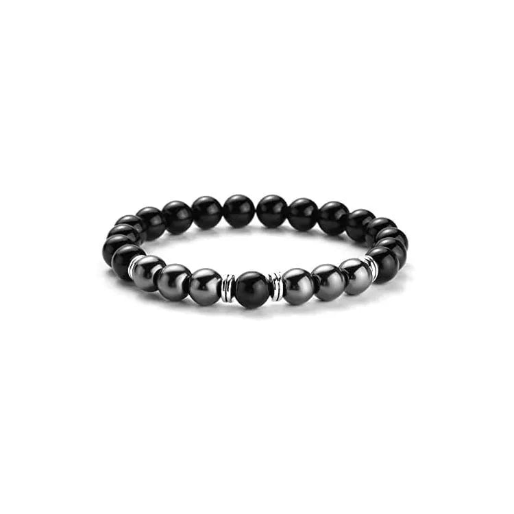Handmade tigereye hematite unisex stone bracelet with silver-strip finish on a white background