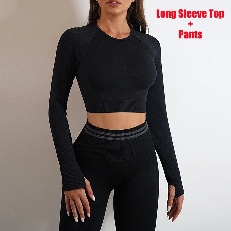 Comfortable and stylish workout wear including seamless leggings and long sleeve tops in a variety of colors