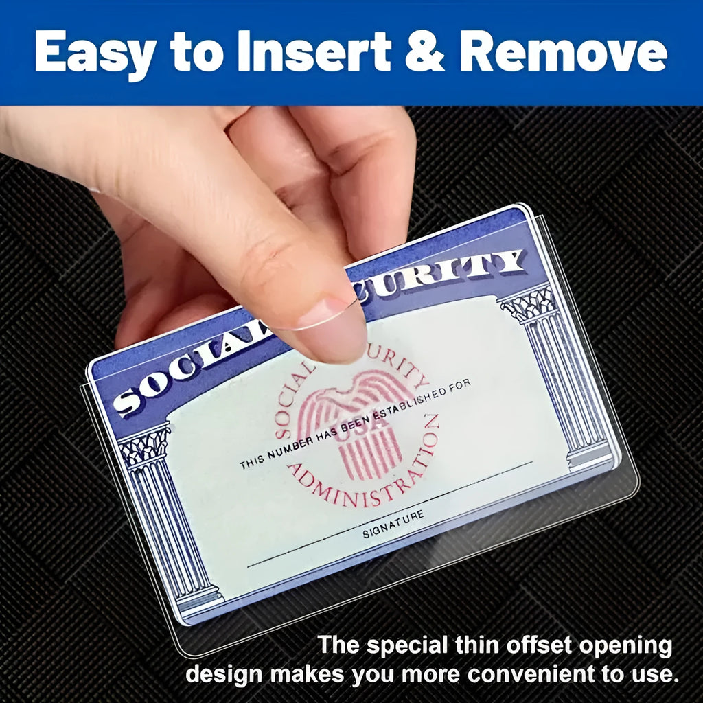 Transparent PVC credit card holder showing a social security card inside, dimensions 9.7cm by 5.9cm.