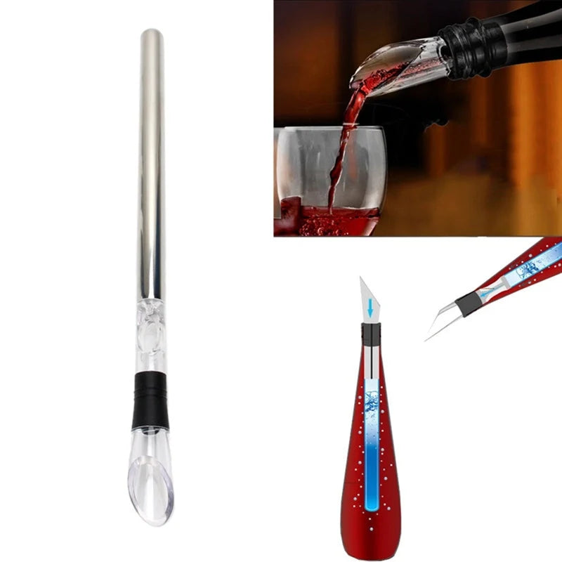 Stainless steel wine chilling rod with leakproof pourer