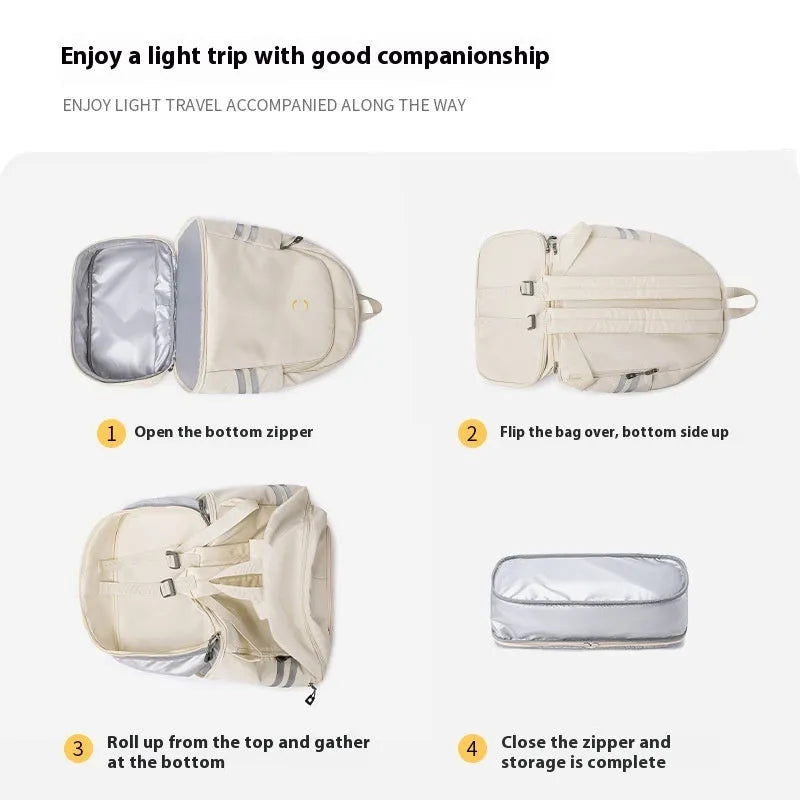 Women's dry wet separation travel backpack in beige with curved shoulder straps showing compartment organisation