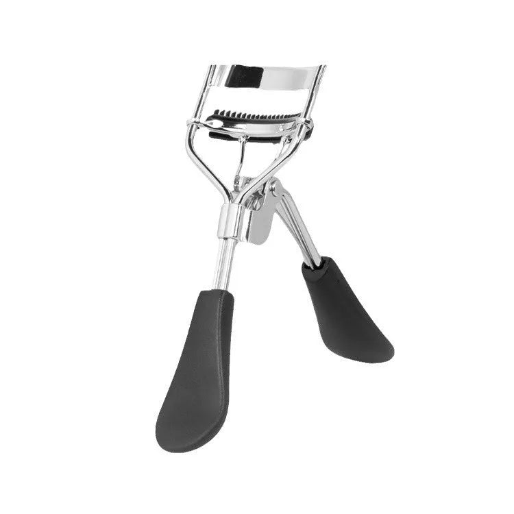 A4 manual eyelash curler with comb in black ribbon finish, carbon steel and ABS construction.
