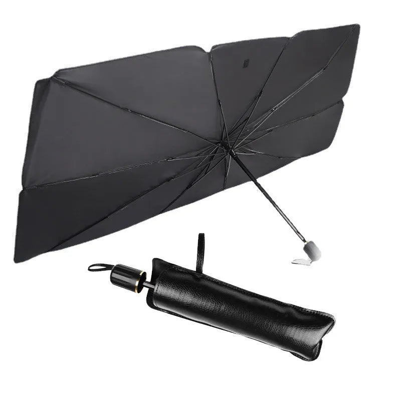 Foldable car sun shade umbrella made from silver tape with UV protection and heat insulation, placed on a car windshield