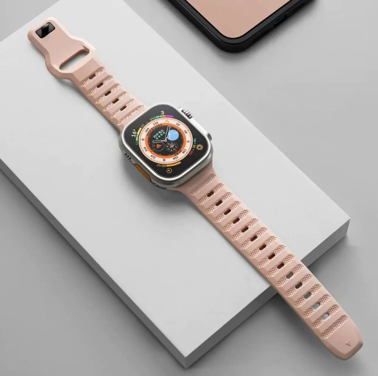 Fluoro rubber Apple Watch replacement strap with T buckle clasp in multiple colours.