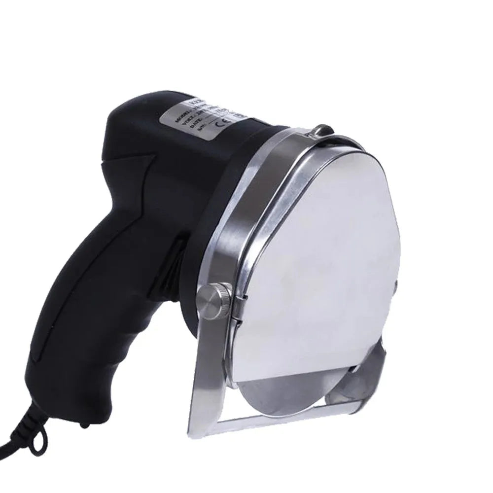 Black electric meat cleaver blade for a turkey barbecue machine with adjustable sizing.