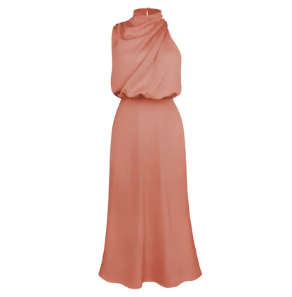 Sleeveless polyester dress in navy blue, 125.8cm length size L, bust 103cm for women's evening parties