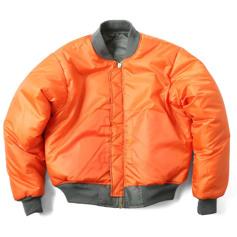 Men's loose fit nylon pilot jacket in Army Green shown on a hanger.