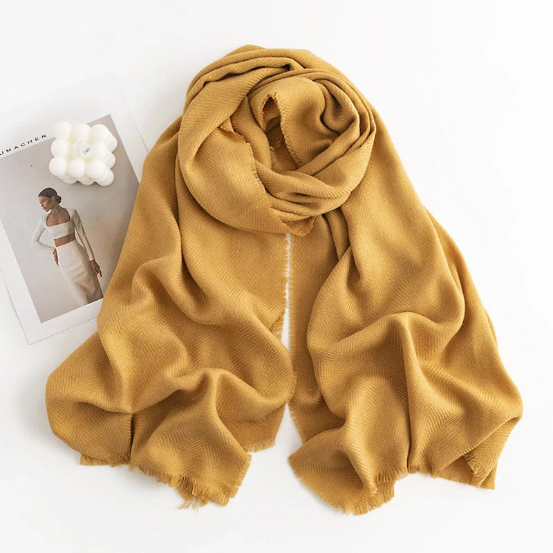 Herringbone pattern artificial cashmere scarf in various colours with tassel fringe