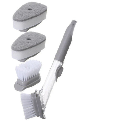 Versatile long-handled kitchen cleaning brush with removable brush and sponge heads