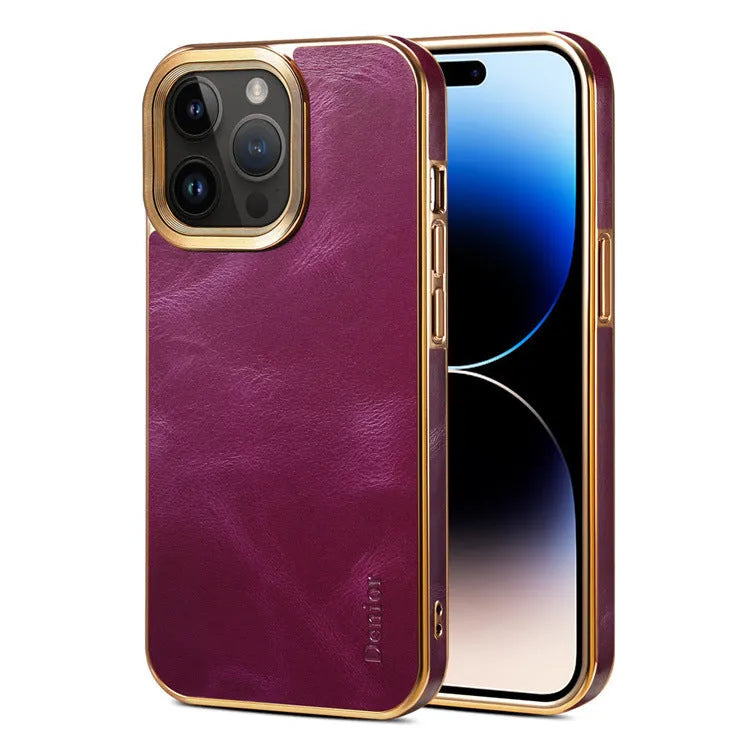 Handmade slim leather iPhone case in black on an iPhone 15