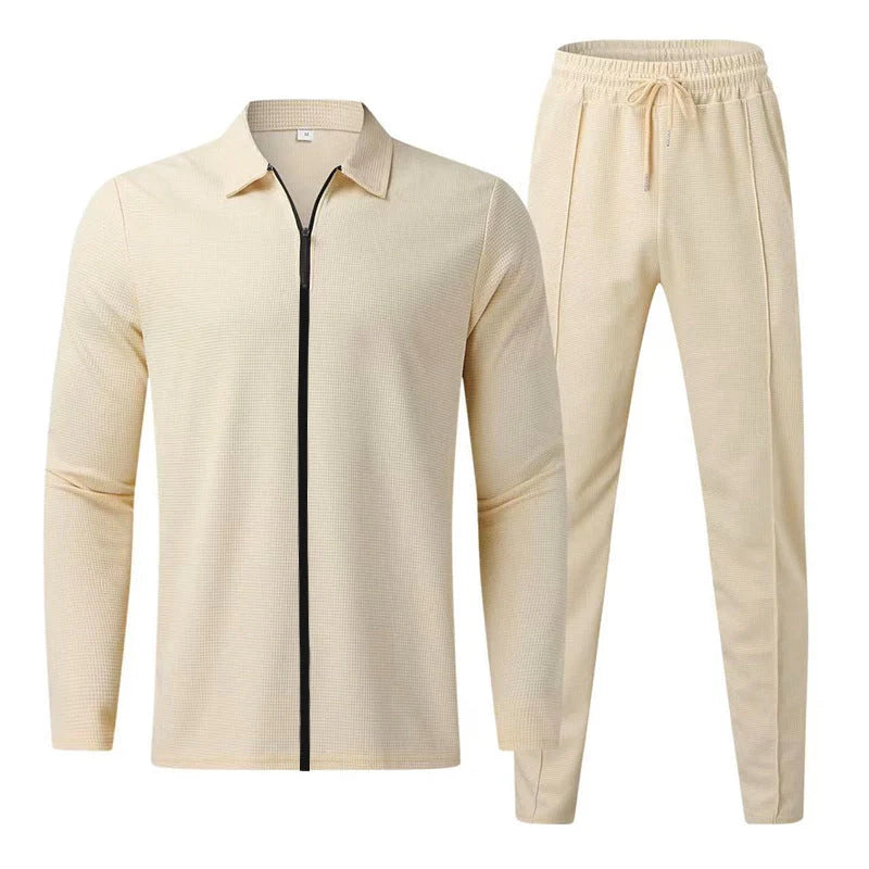 Zipper cardigan and trousers set in polyester for active wear, available in multiple colours and sizes