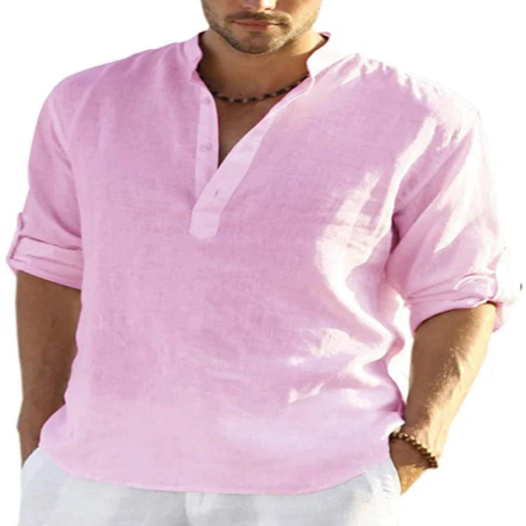 A stylish linen blend long sleeve shirt in various colors, featuring a tailored fit and stand collar design.