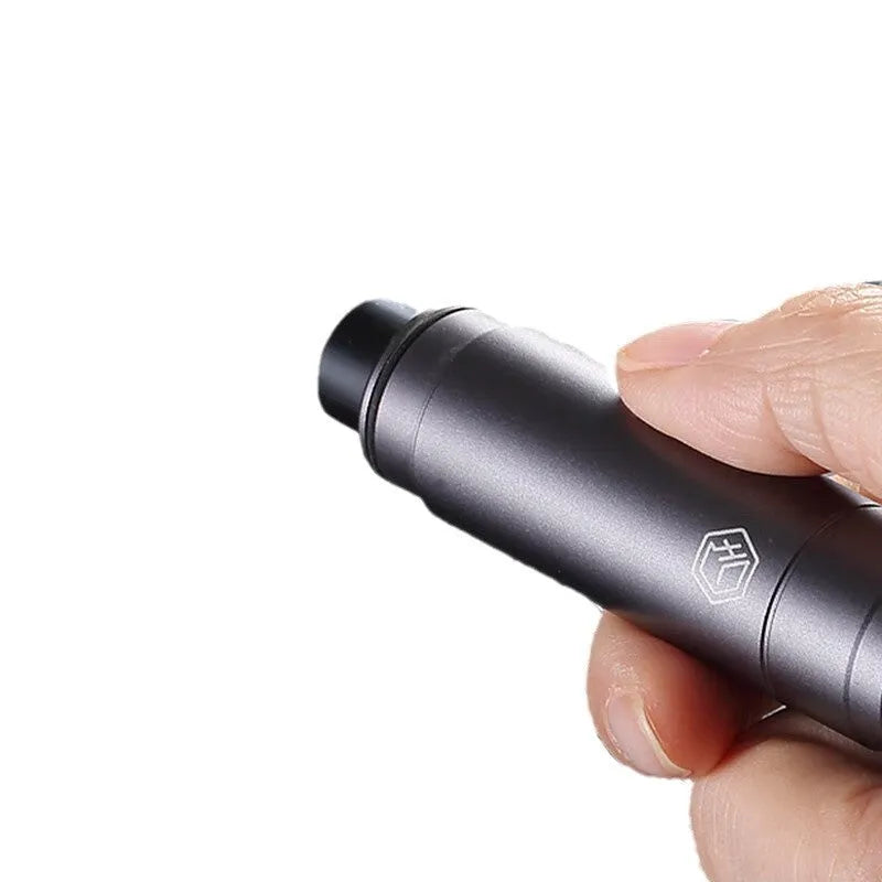 Gun grey aluminium alloy automobile safety hammer with steel impact head, shown with test glass and rubber mount.