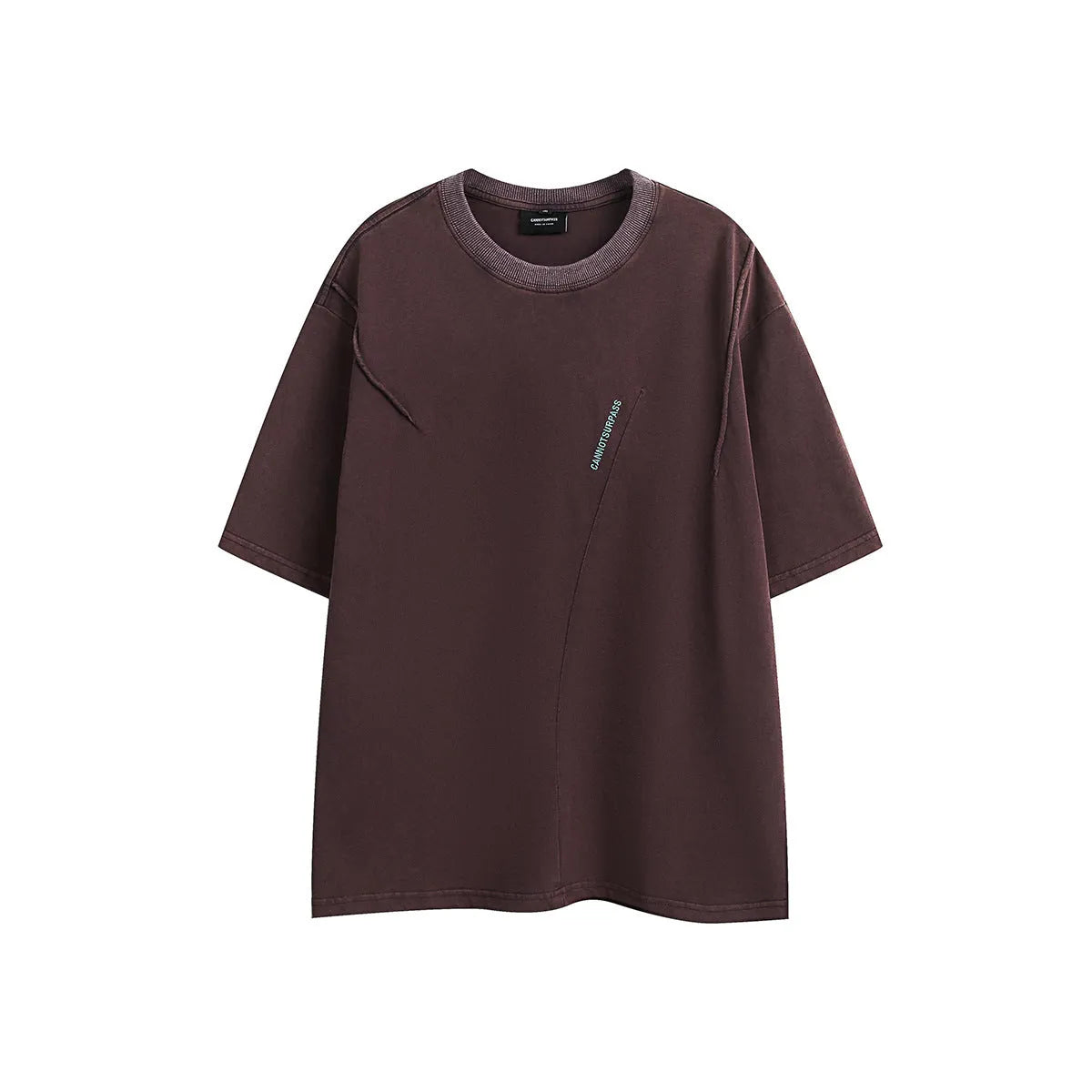Loose fit purple short-sleeved cotton T-shirt with retro embroidery on a hanger.