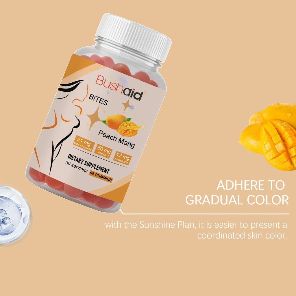 Bushaid Tanning Gummy Candies container with 60 soft gummies for skin tanning support