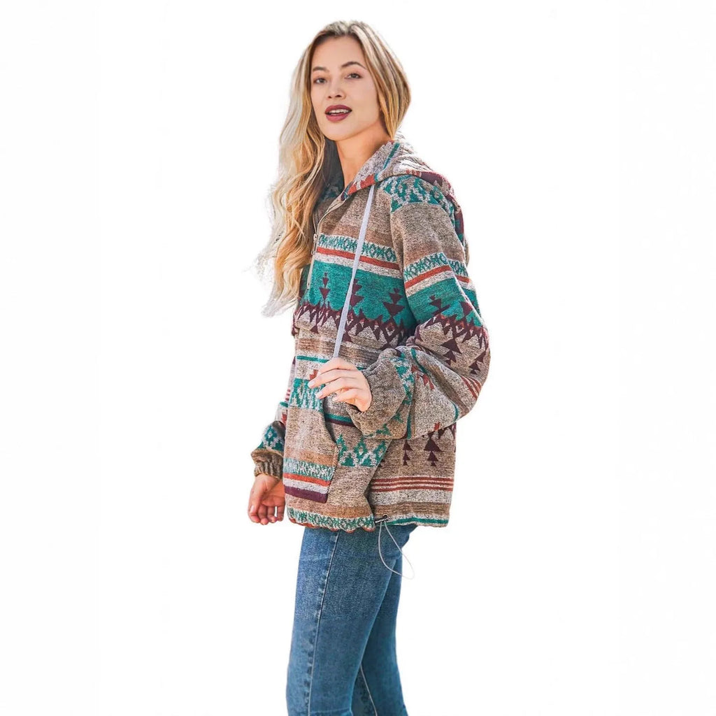 Women's retro fashion half-zip long sleeve sweatshirt with digital print in loose fit