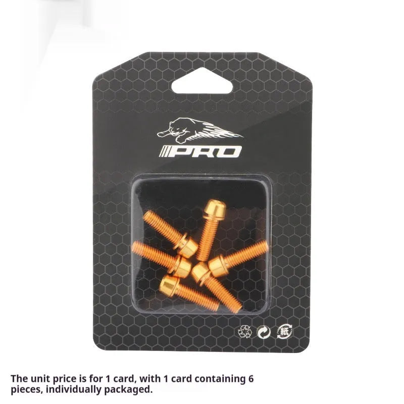 Six stainless steel mountain bike handlebar stem screws in assorted colours on a card.