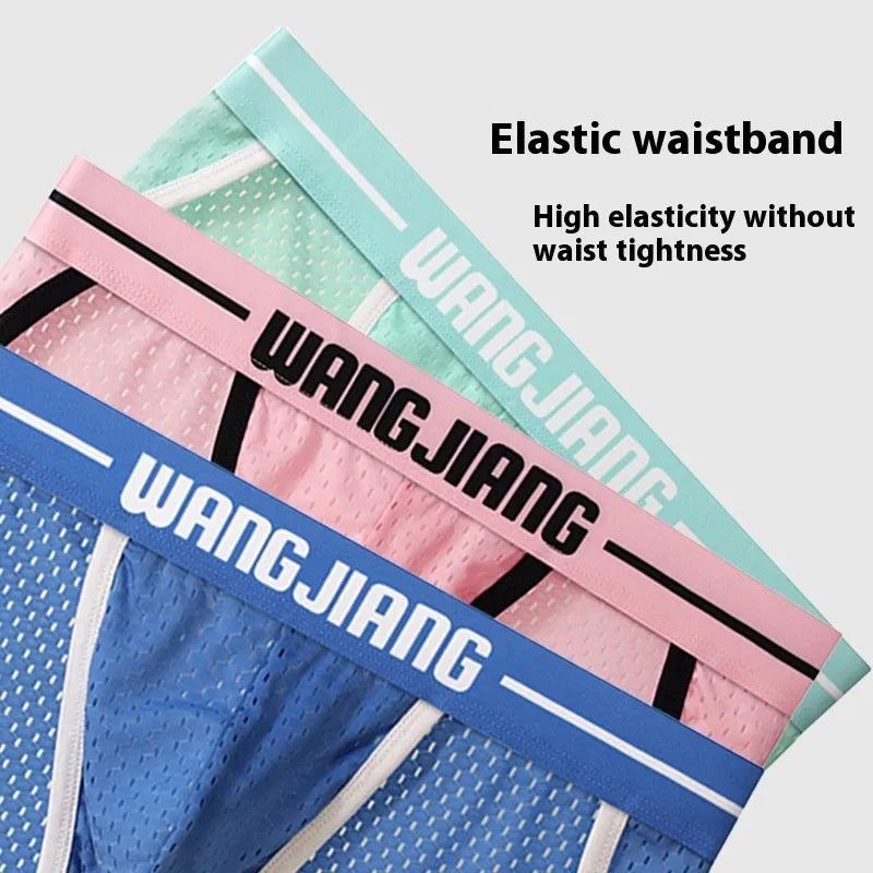 Men's black Ice Silk mesh triangle underwear briefs laid flat, showing breathable fabric texture.