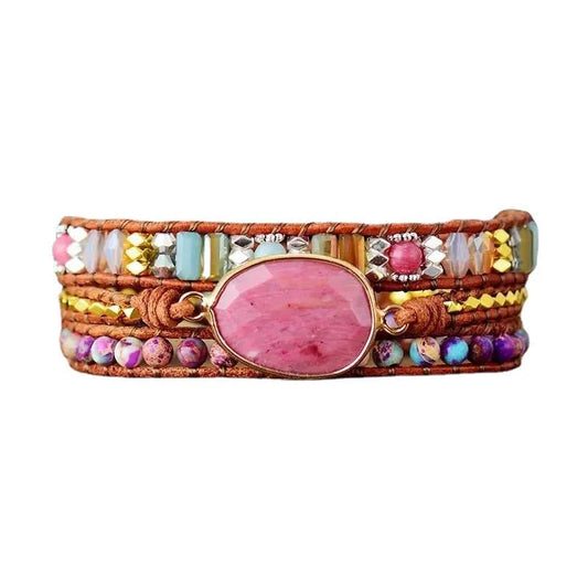 Ethnic Style Red Wood Grain Leather Rope Crystal Bracelet with semi-precious stones