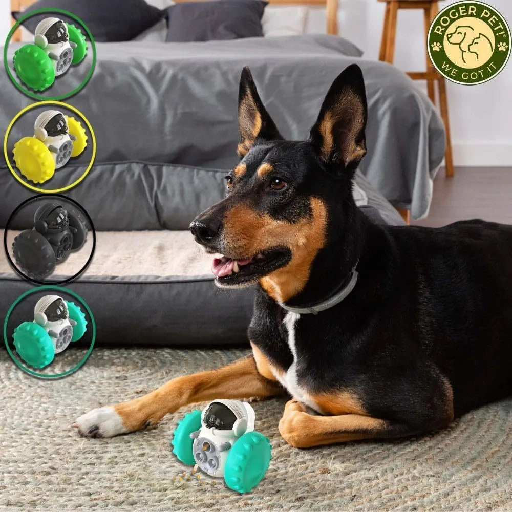 A robot-shaped, self-balancing dog and cat treat dispenser toy in various colours, shown with dry food.