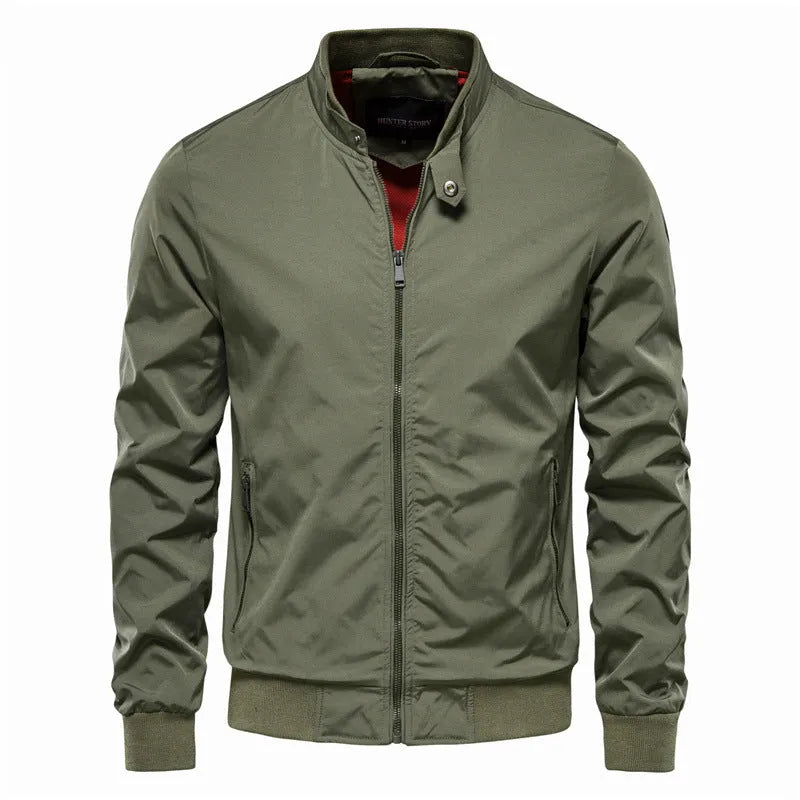 Men's zip-up polyester jacket with stand collar and pockets, solid colour casual outerwear