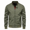 Men's zip-up polyester jacket with stand collar and pockets, solid colour casual outerwear