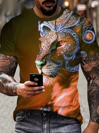 Men's black T-shirt with a large, textured 3D lion graphic print on the chest.