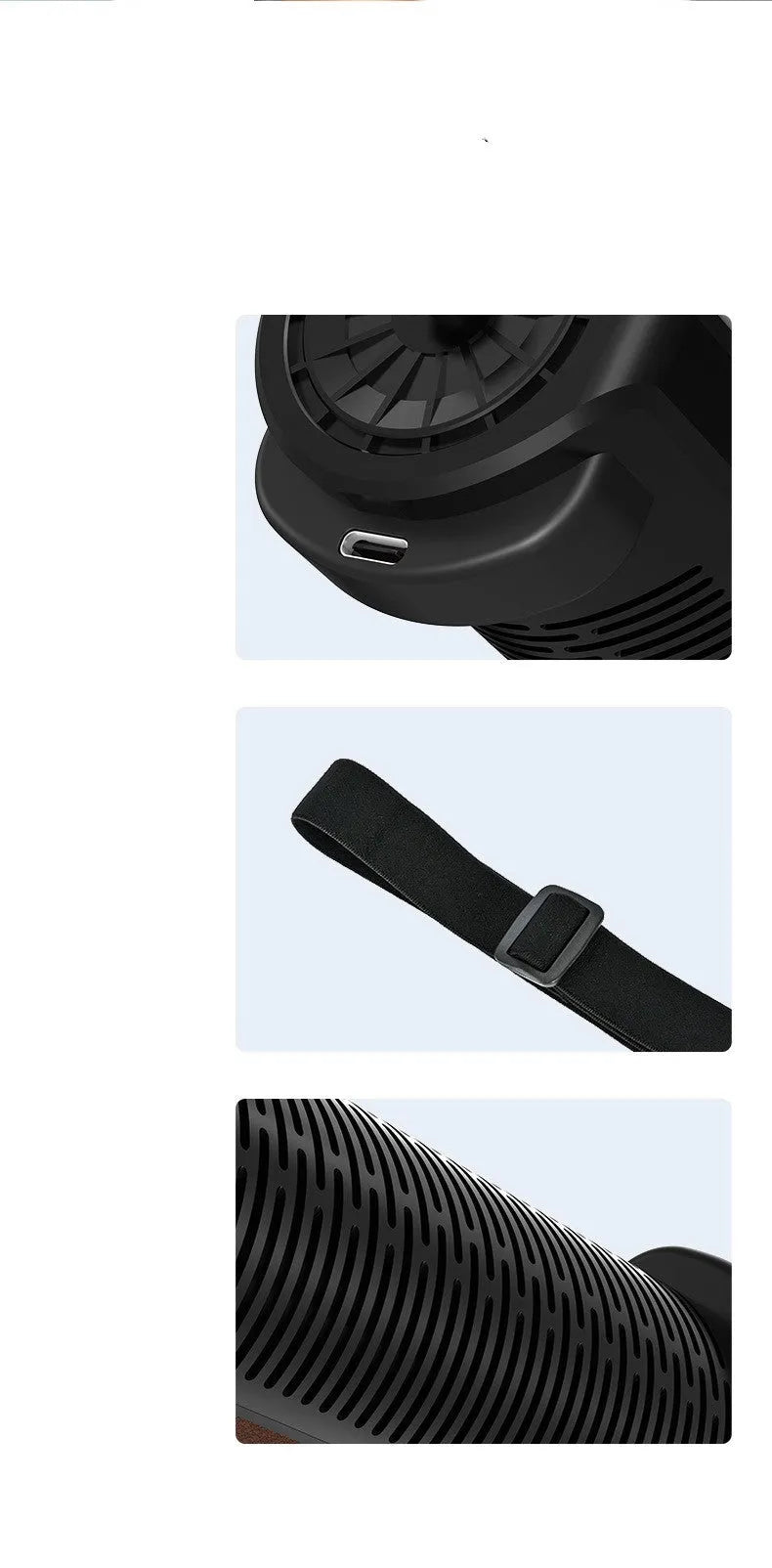 Bladeless car ventilation fan with USB cable in black colour showing compact design