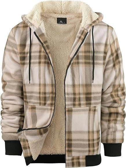 Men's plaid print hooded zip-up winter jacket with thickened cotton padding