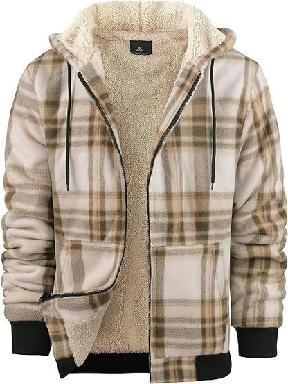Men's plaid print hooded zip-up winter jacket with thickened cotton padding