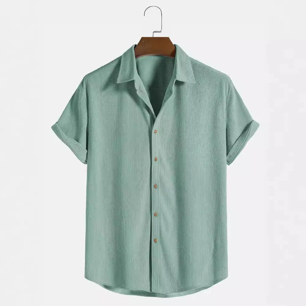 Man wearing a short-sleeved casual cardigan-style shirt in a GKESJ colour.