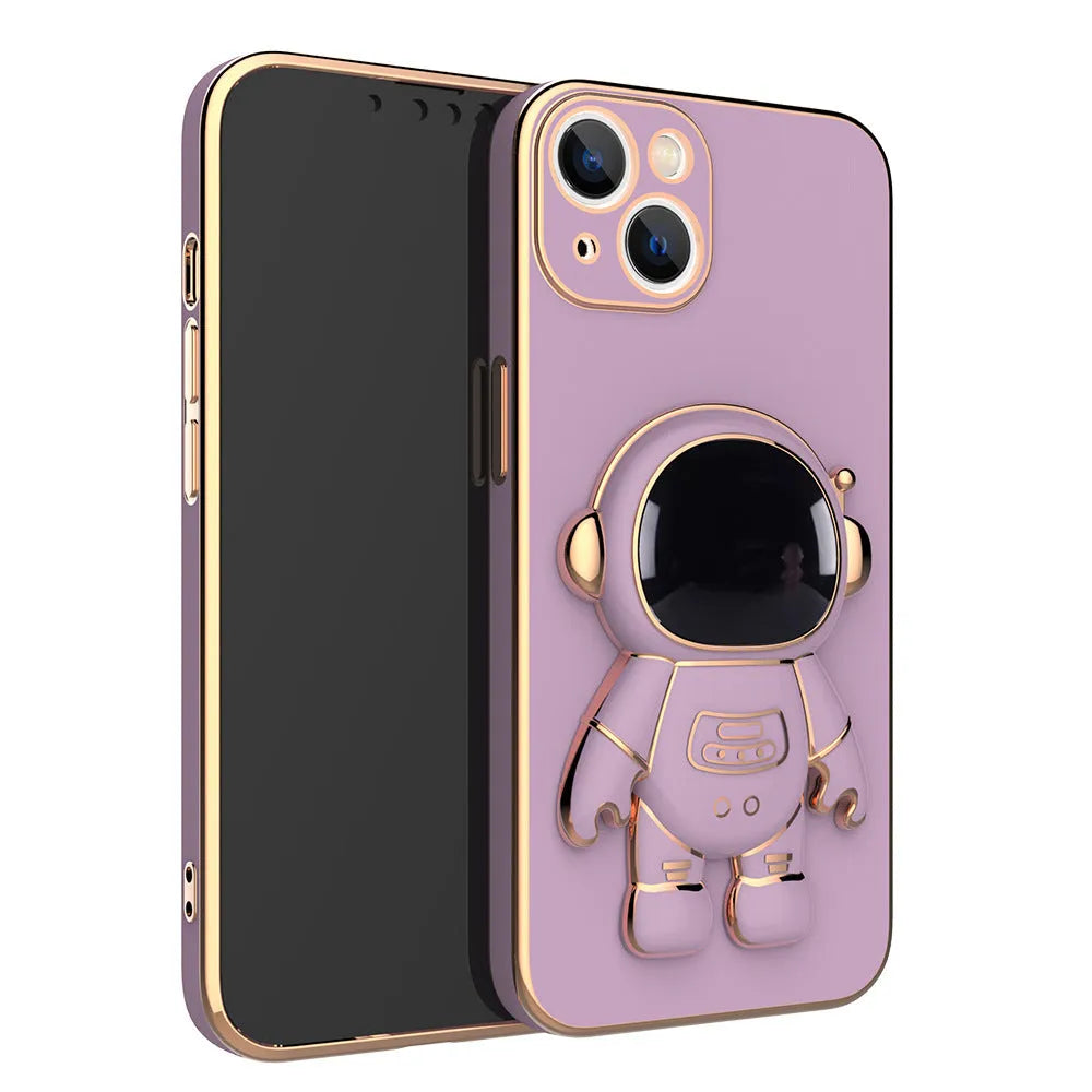 3D astronaut TPU phone case with electroplating bracket in light cyan for iPhone