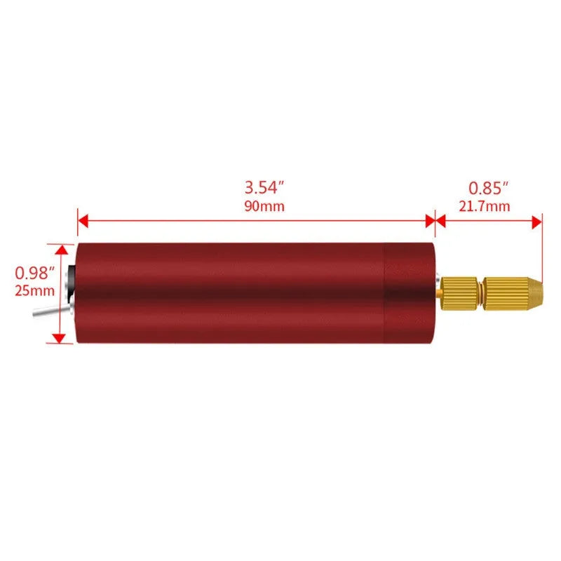 Aluminium USB mini grinder with three small drill bits and a wrench on a white background.