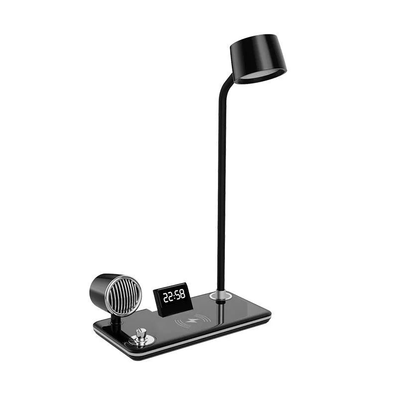 White intelligent bedside lamp with digital clock display and wireless charging surface.