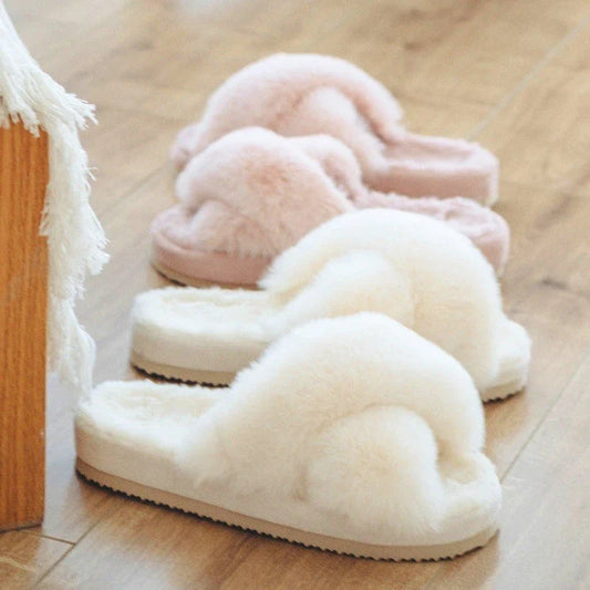 Cozy faux fur cross slippers for women in various colors, featuring a stylish design and plush, comfortable material
