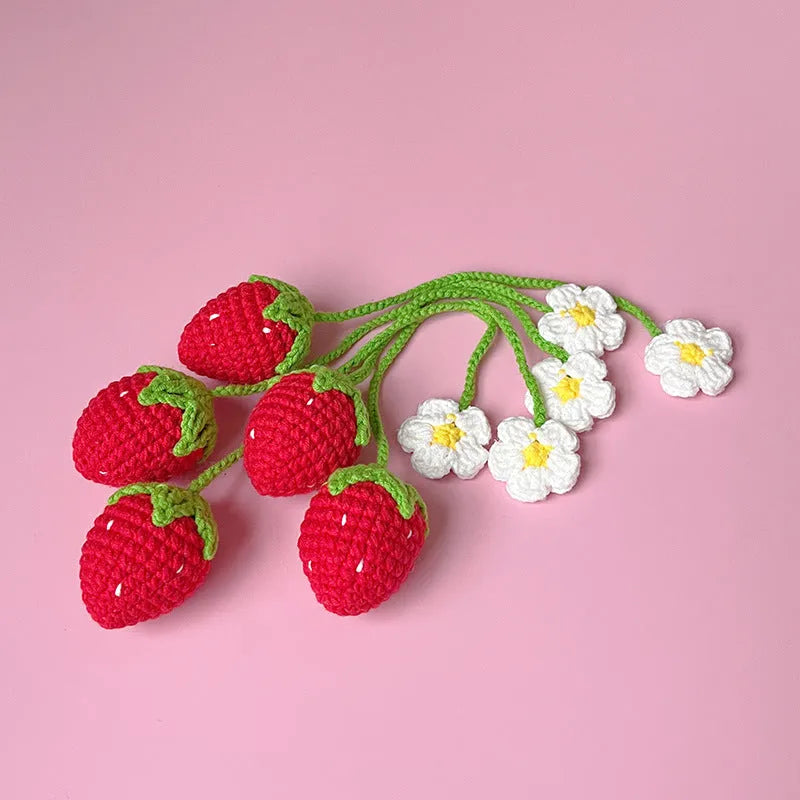 Handmade wool crochet strawberry pendant necklace with 35cm chain in pink or red colour