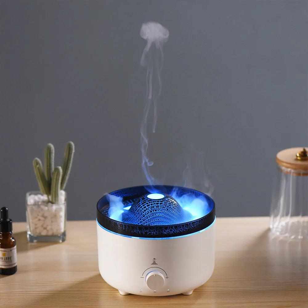 Small white volcano-shaped humidifier with simulated flame lighting and remote control