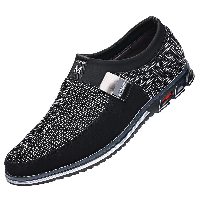 Men's black synthetic leather slip-on casual shoes with a square toe and flat rubber sole.