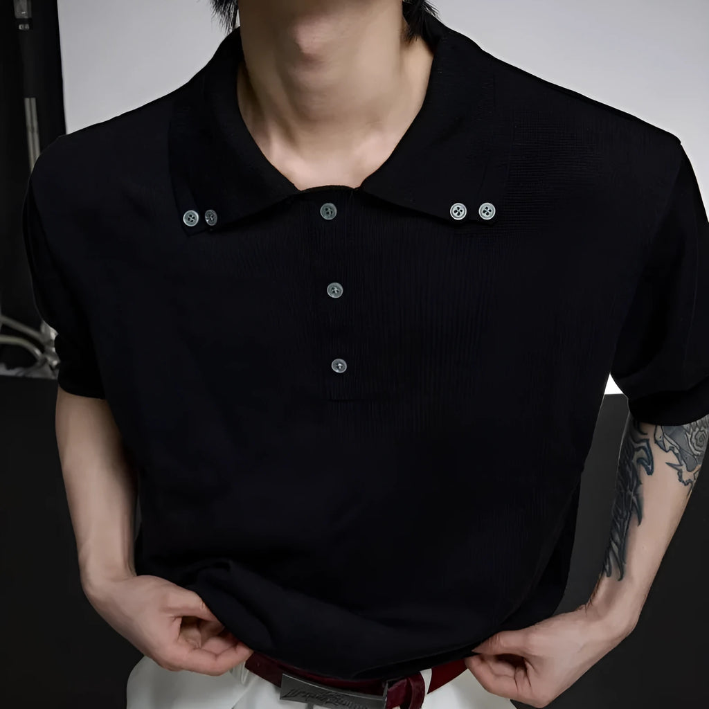 Men's black polyester shirt with lapel collar and short sleeves
