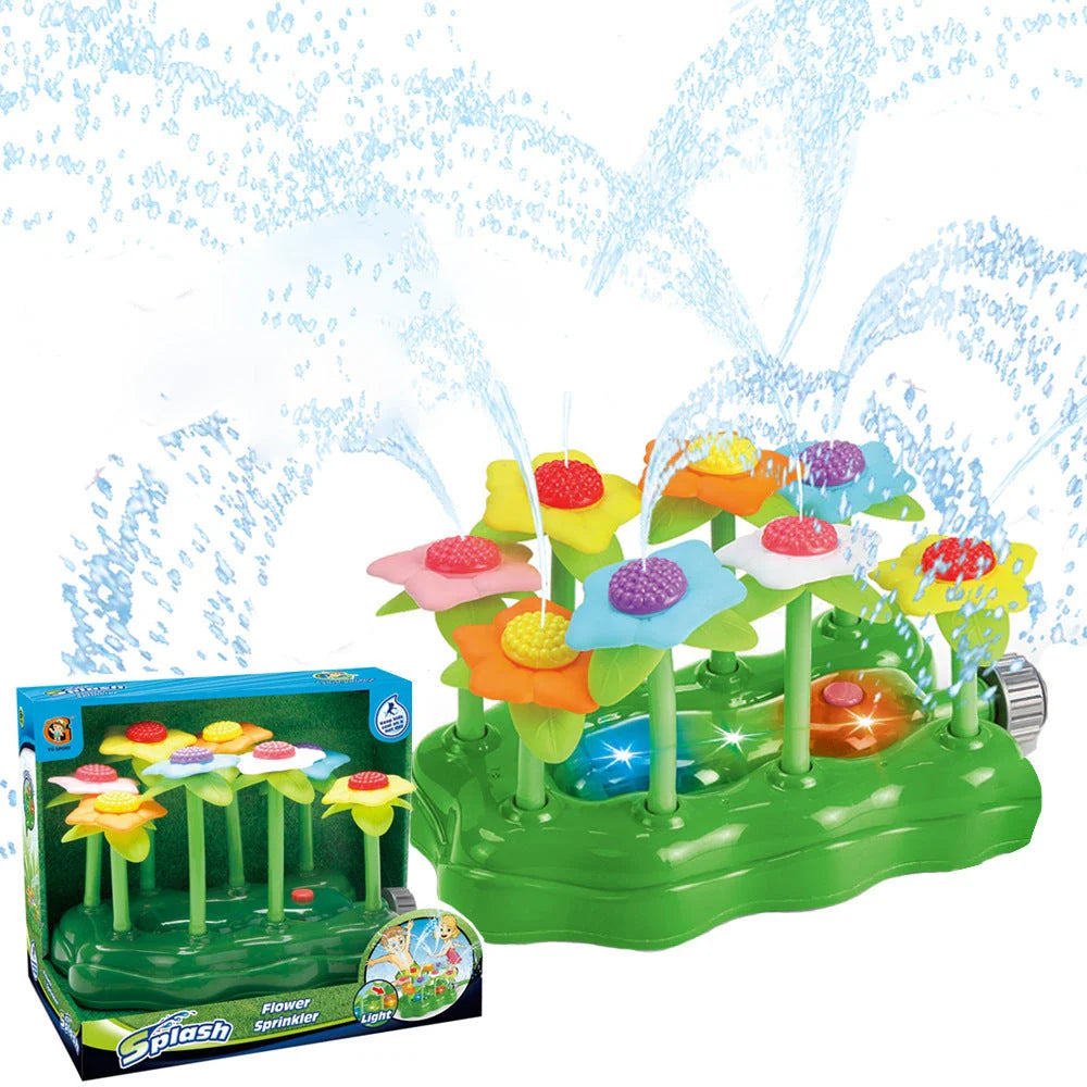 Colorful outdoor sprinkler toy with various water spray designs for backyard summer fun