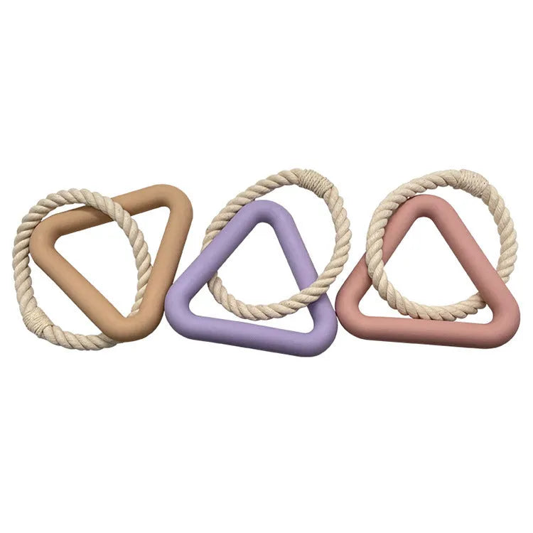 Large triangular braided cotton rope dog pull ring toy in beige, pink, or purple.