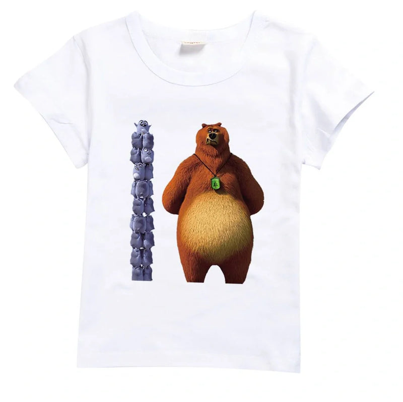 Cartoon printed cotton children's t-shirt with moisture absorption function available in 10 colours and 8 height sizes from 100cm to 170cm for boys and girls