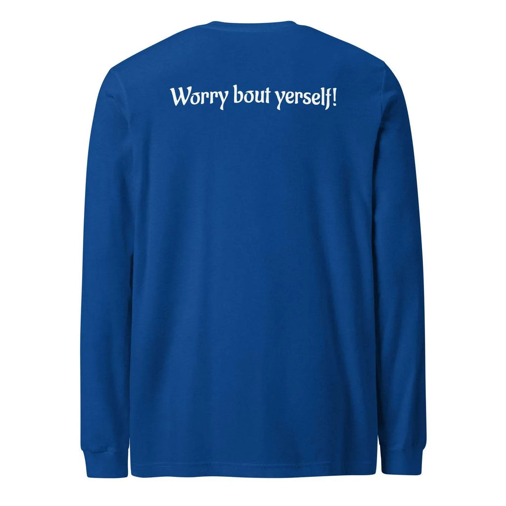 Blue men's loose fit sweater with white letter pattern printing and round neck pullover design
