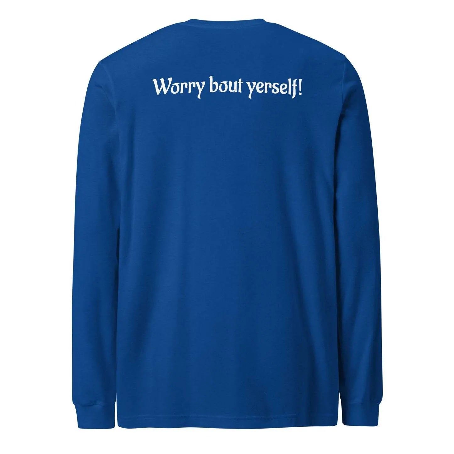 Blue men's loose fit sweater with white letter pattern printing and round neck pullover design