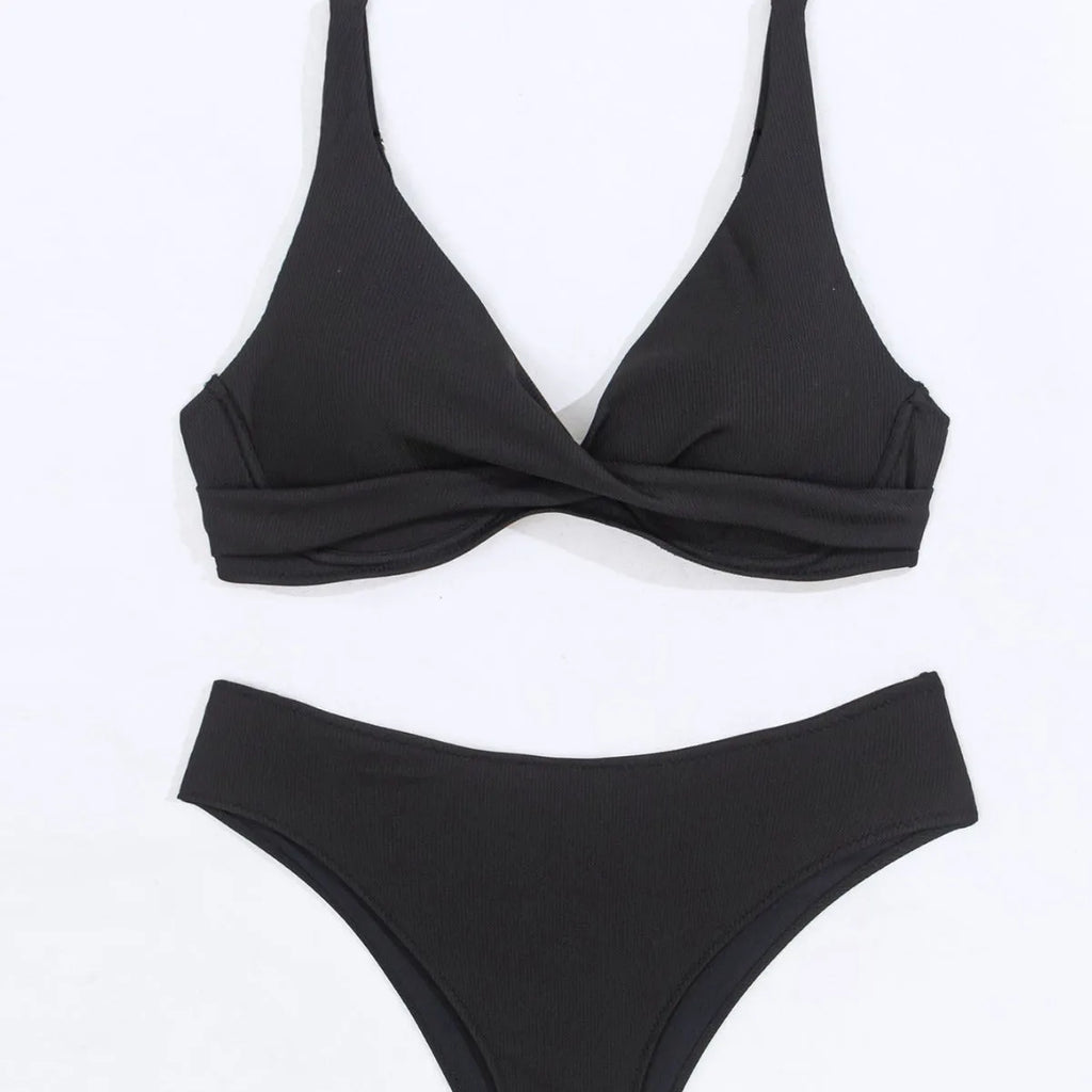Women's solid colour rib fabric two-piece bikini set on a hanger.