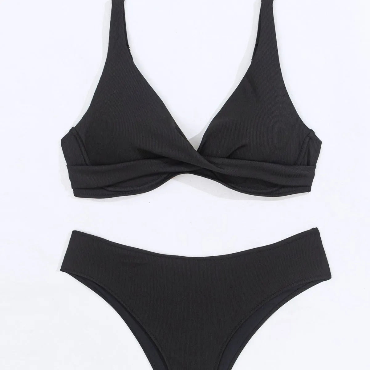 Women's solid colour rib fabric two-piece bikini set on a hanger.
