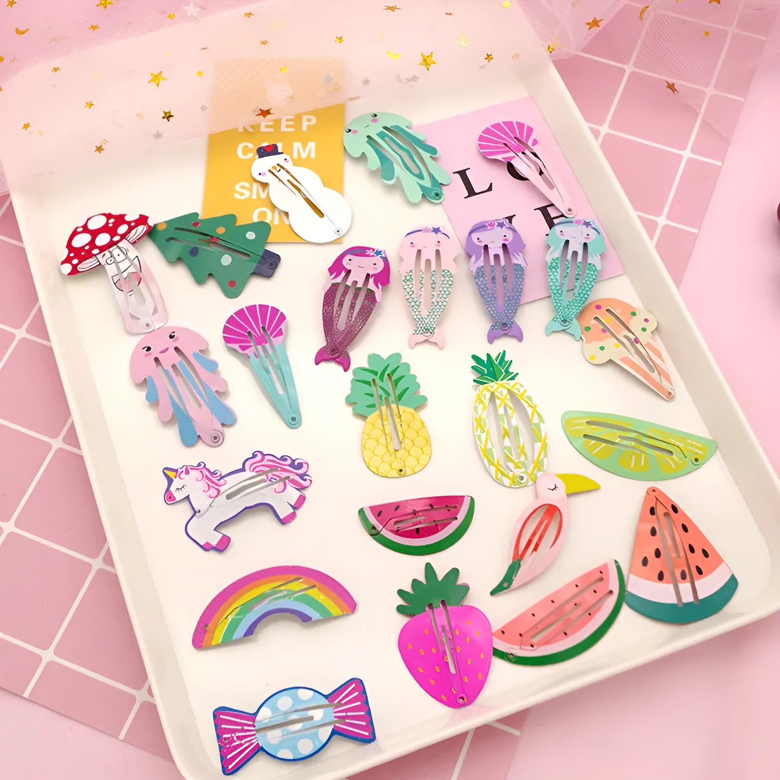 Children's metal hair barrettes with fruit designs including watermelon and strawberry patterns