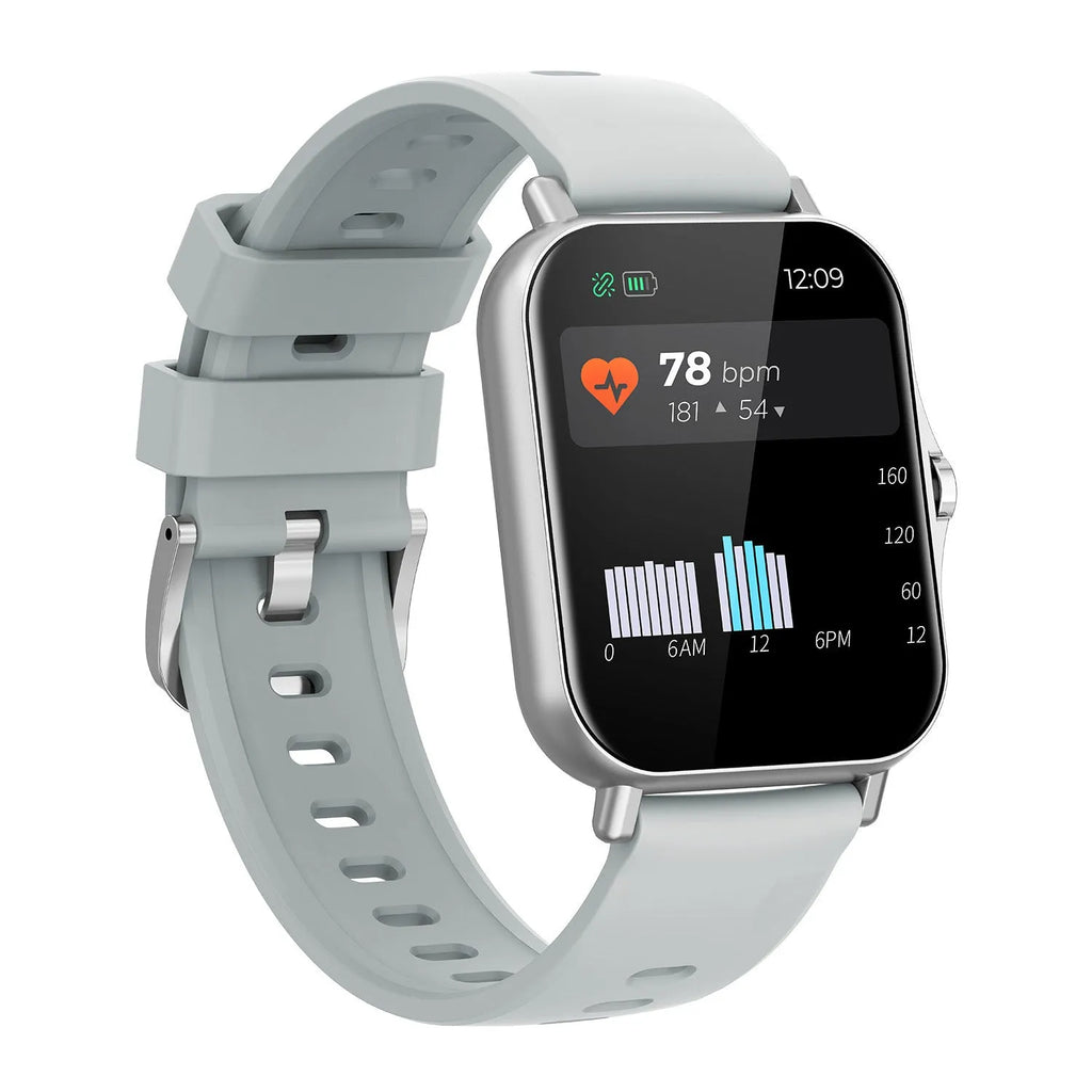 Silver smart watch with curved touch screen displaying heart rate on wrist.