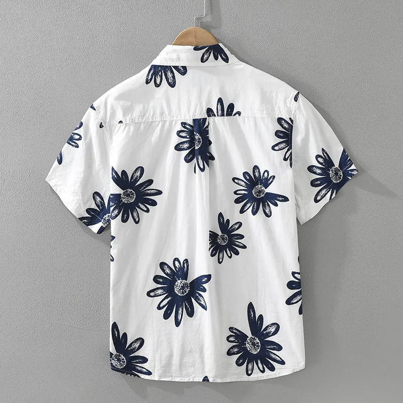 White and apricot Japanese printed short sleeve shirt in a loose cardigan style.