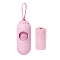 Portable dog poo bag dispenser capsule in strawberry, orange, and cherry blossom designs with a roll of scented bags.